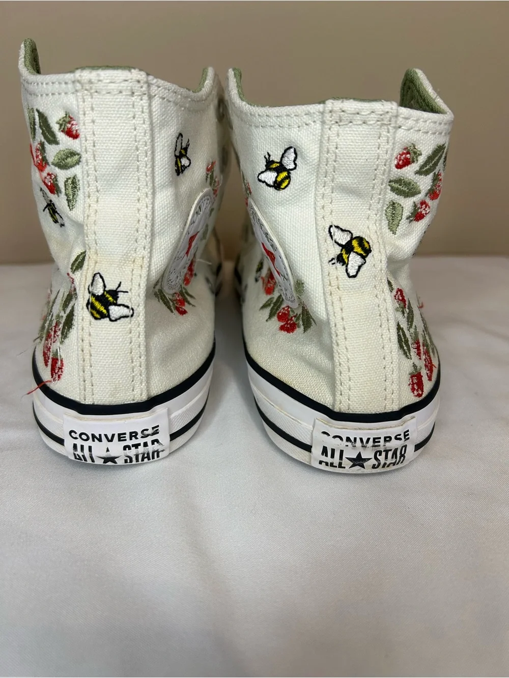 Converse Kids' White High-Top Sneakers with Strawberries & Bee Embroidery